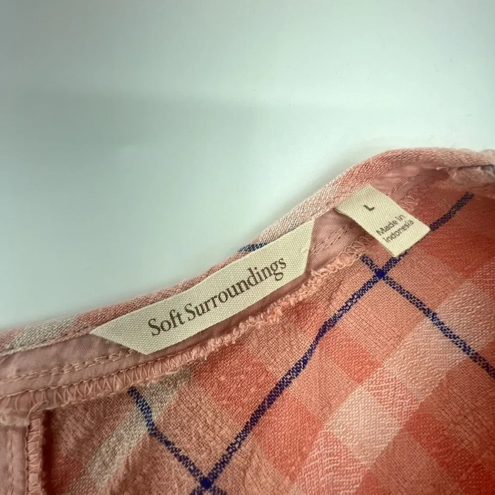 Soft surroundings 100% cotton womens roll tab sleeve plaid v-neck Phoebe L - Picture 4 of 5